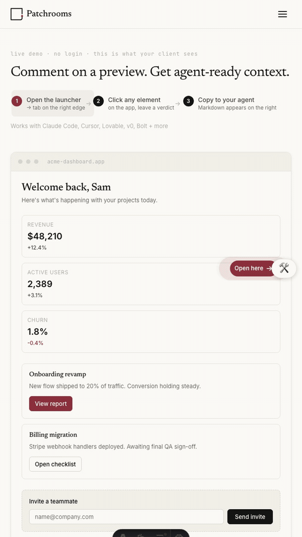 Loop demo: click an element on a live preview, leave a comment, and get an agent-ready Markdown punch-list back.